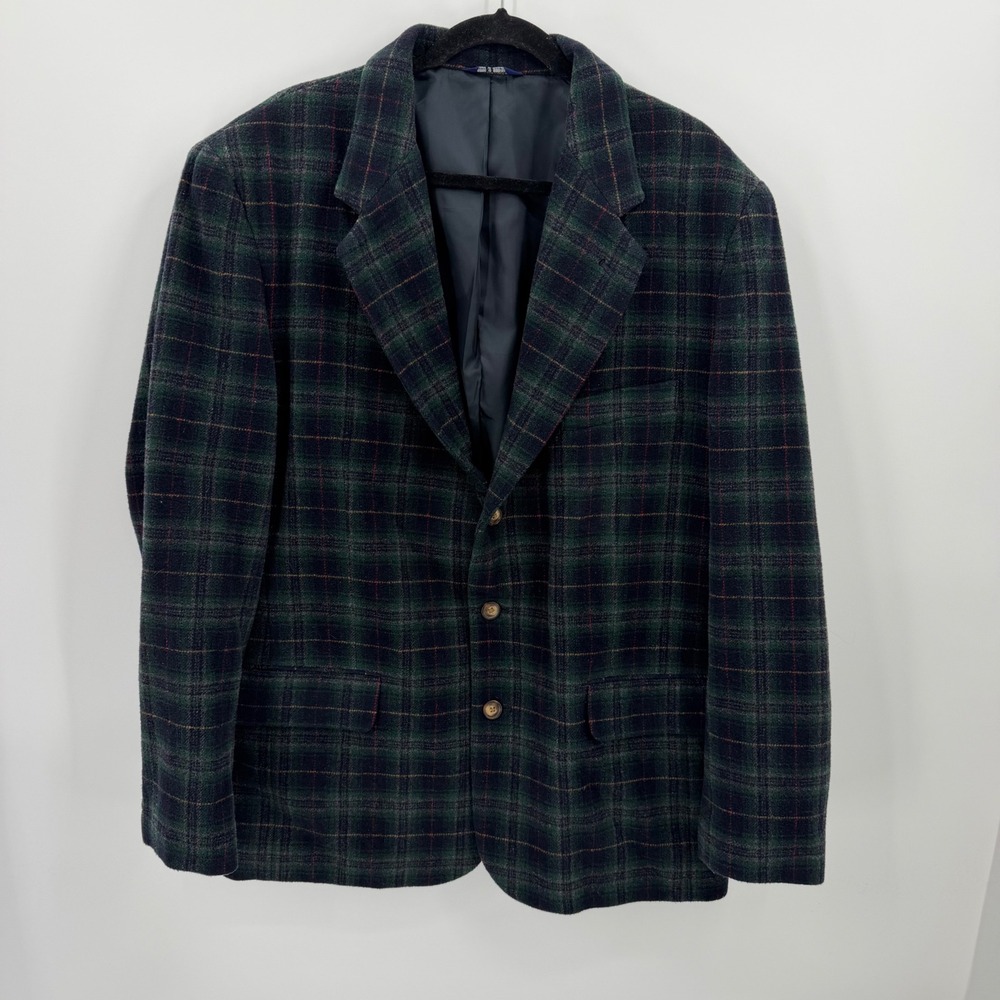 Gap Blazer Wool Blend Plaid Tartan Large Green Navy Blue Vintage 112544-03-1